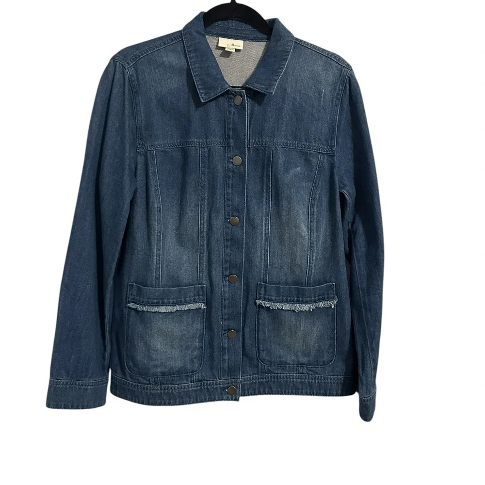 J JILL Denim Oceania Wash Jacket Stretch Fringe Trim Pockets Blue Women’s Sz M